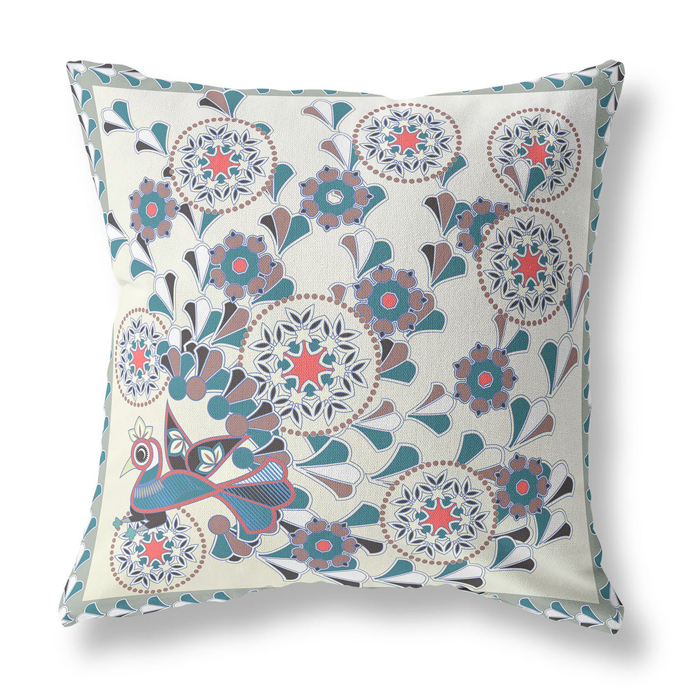 Homeroots 26" X 26" Off White Peacock Blown Seam Floral Indoor Outdoor Throw Pillow   481617