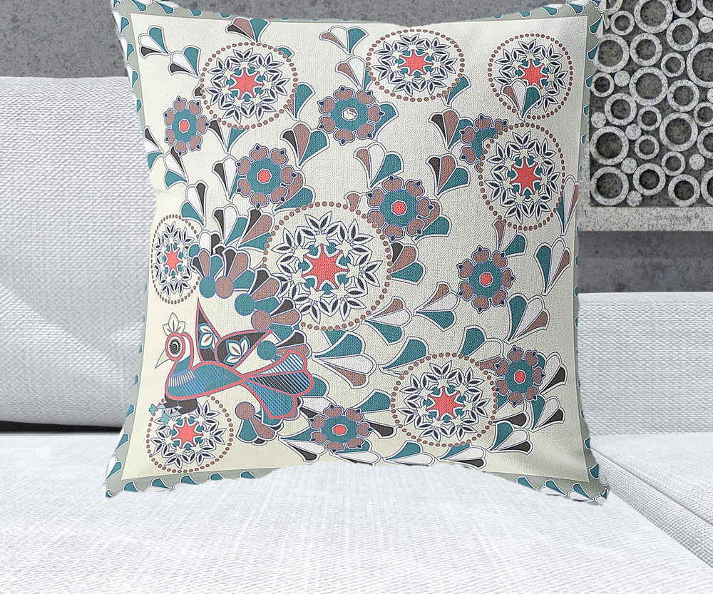 Homeroots 26" X 26" Off White Peacock Blown Seam Floral Indoor Outdoor Throw Pillow   481617