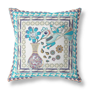 Homeroots 26" X 26" Cream Peacock Blown Seam Floral Indoor Outdoor Throw Pillow   481627