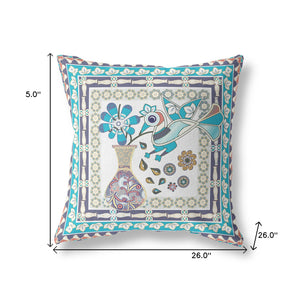Homeroots 26" X 26" Cream Peacock Blown Seam Floral Indoor Outdoor Throw Pillow   481627