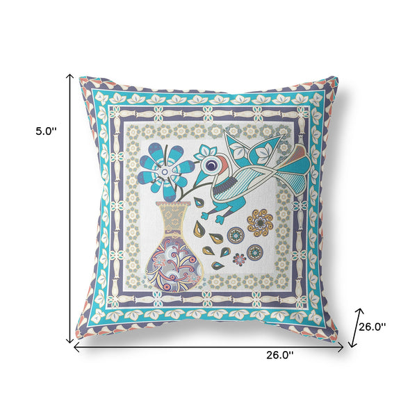 Homeroots 26" X 26" Cream Peacock Blown Seam Floral Indoor Outdoor Throw Pillow   481627