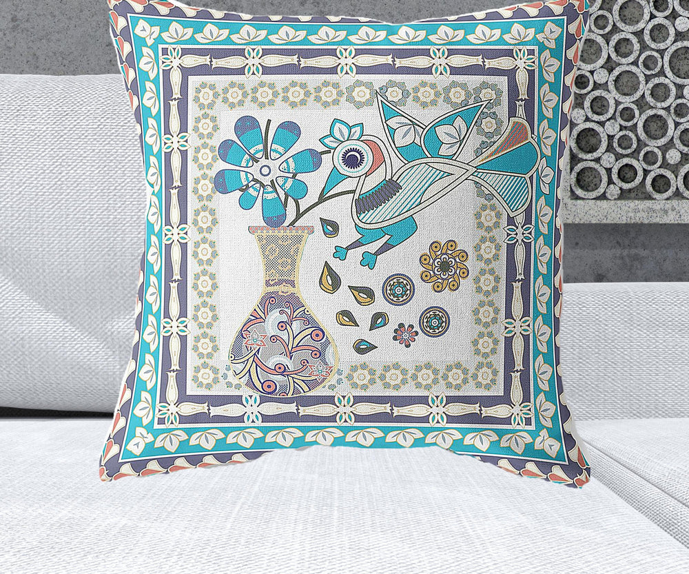 Homeroots 26" X 26" Cream Peacock Blown Seam Floral Indoor Outdoor Throw Pillow   481627
