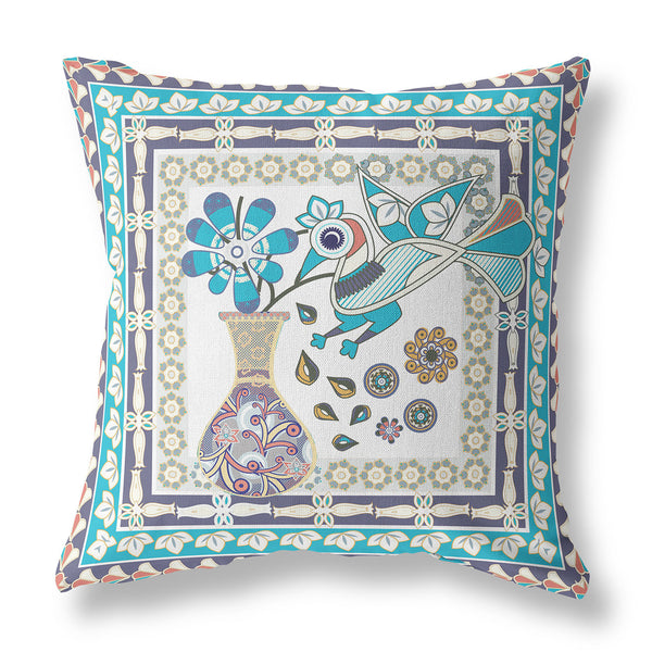 Homeroots 28" X 28" Cream Peacock Blown Seam Floral Indoor Outdoor Throw Pillow   481628