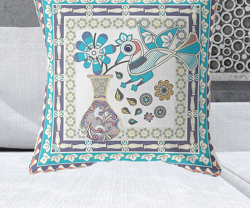 Homeroots 28" X 28" Cream Peacock Blown Seam Floral Indoor Outdoor Throw Pillow   481628