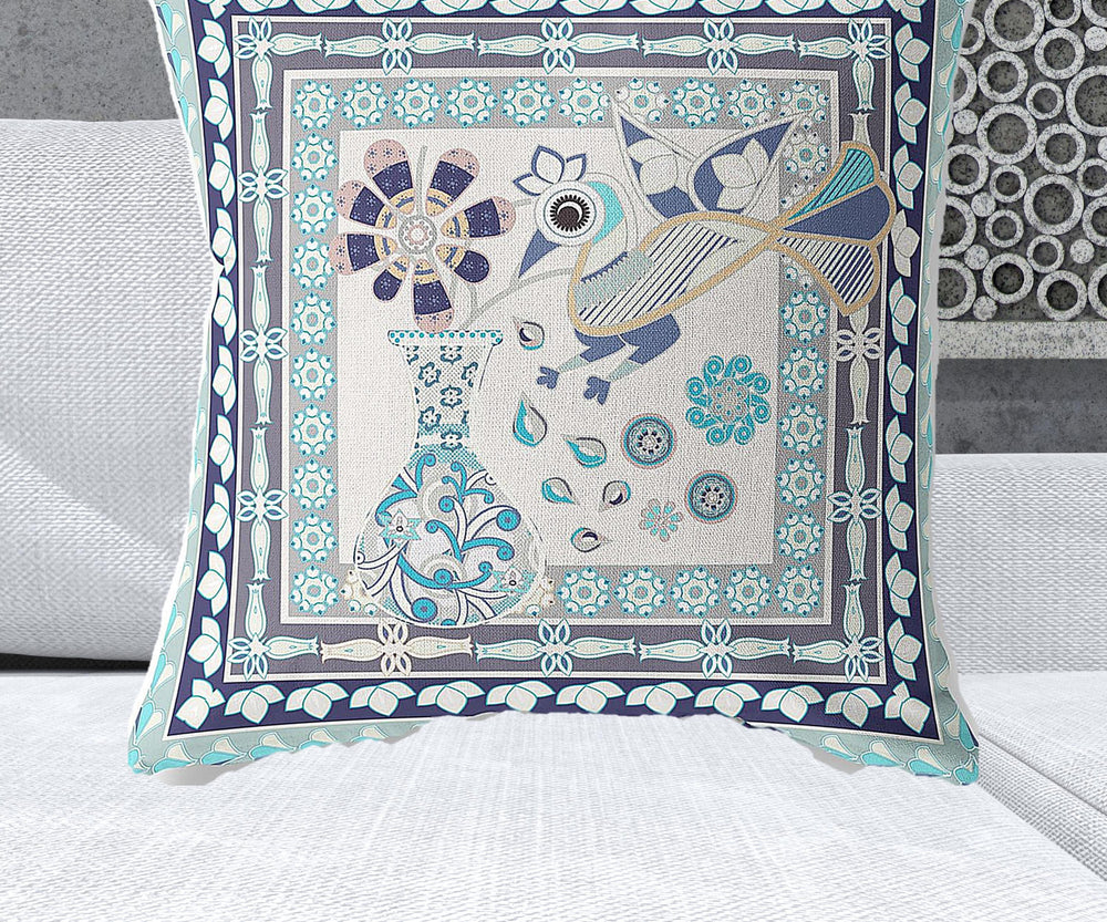 Homeroots 28" X 28" Beige Peacock Blown Seam Floral Indoor Outdoor Throw Pillow   481638