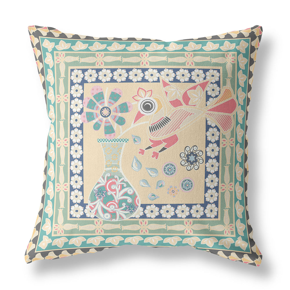 Homeroots 28" X 28" Beige Peacock Blown Seam Floral Indoor Outdoor Throw Pillow   481643