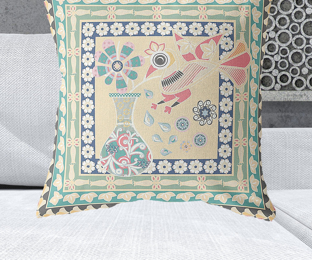 Homeroots 28" X 28" Beige Peacock Blown Seam Floral Indoor Outdoor Throw Pillow   481643