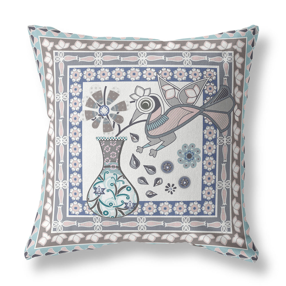 Homeroots 28" X 28" Blue And Gray Peacock Blown Seam Floral Indoor Outdoor Throw Pillow   481648