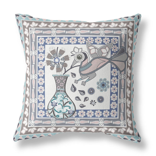 Homeroots 28" X 28" Blue And Gray Peacock Blown Seam Floral Indoor Outdoor Throw Pillow   481648