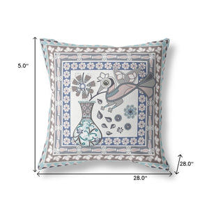 Homeroots 28" X 28" Blue And Gray Peacock Blown Seam Floral Indoor Outdoor Throw Pillow   481648