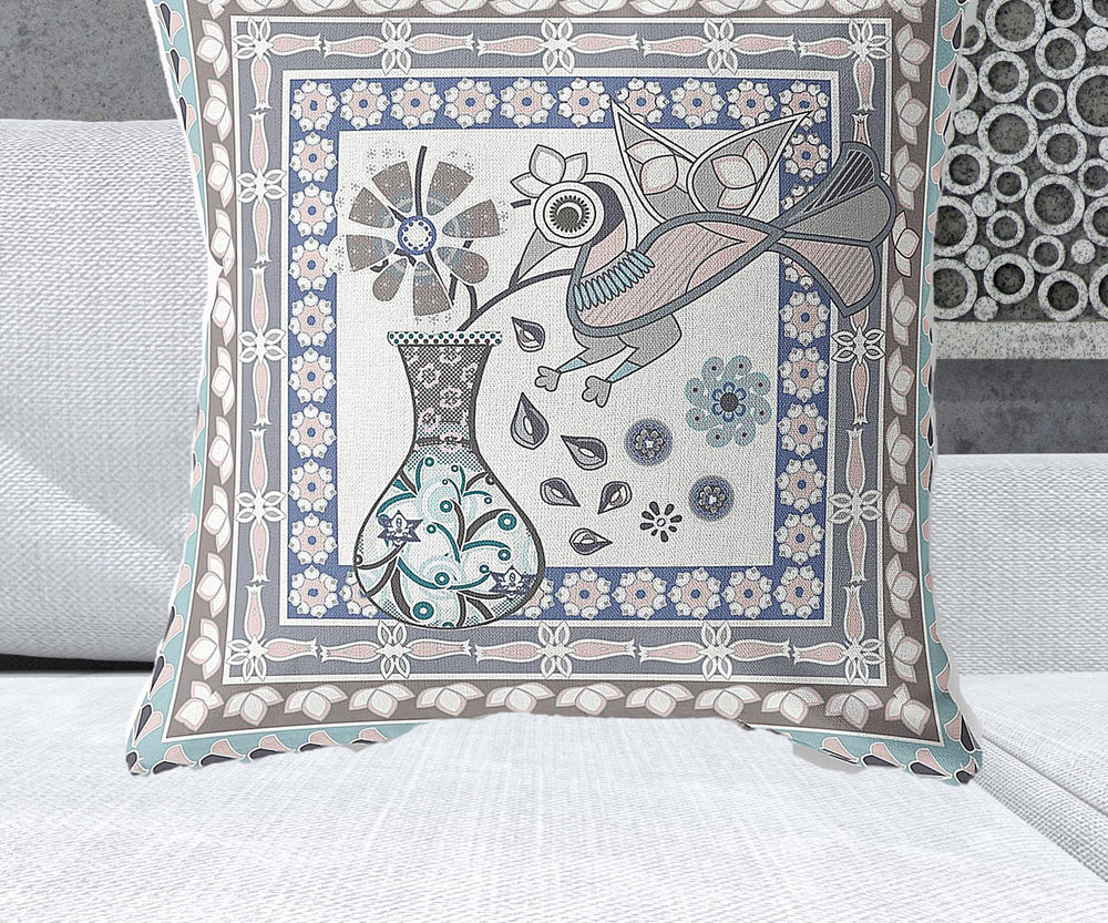 Homeroots 28" X 28" Blue And Gray Peacock Blown Seam Floral Indoor Outdoor Throw Pillow   481648