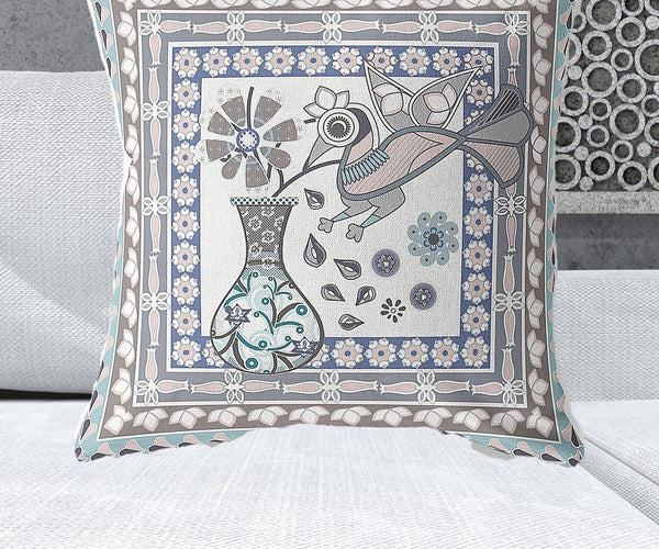 Homeroots 28" X 28" Blue And Gray Peacock Blown Seam Floral Indoor Outdoor Throw Pillow   481648