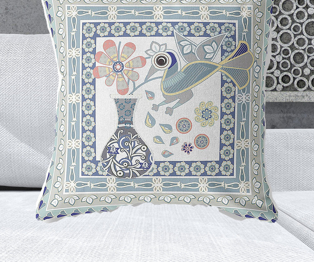 Homeroots 28" X 28" Blue And White Peacock Blown Seam Floral Indoor Outdoor Throw Pillow   481653