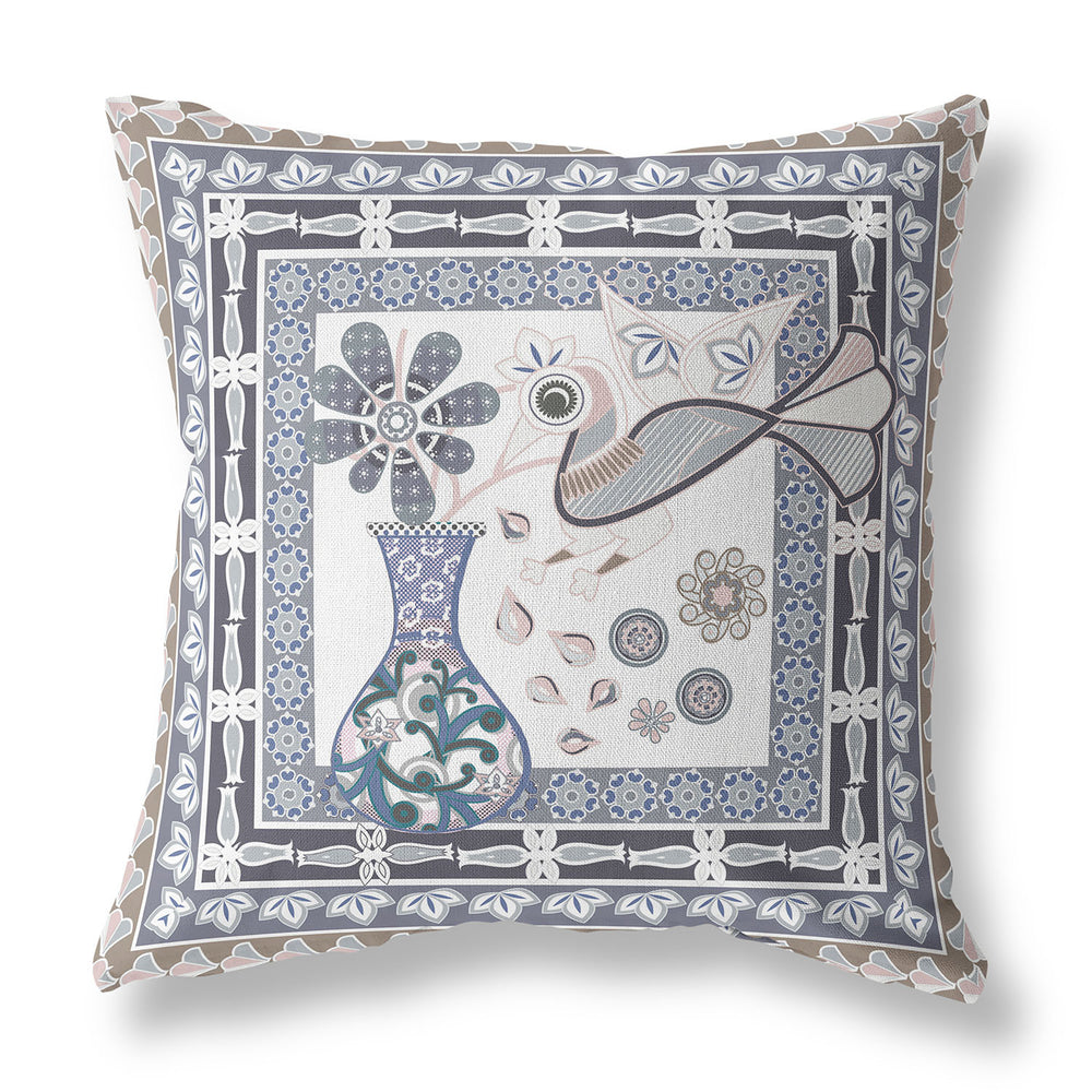 Homeroots 28" X 28" Beige Peacock Blown Seam Floral Indoor Outdoor Throw Pillow   481658