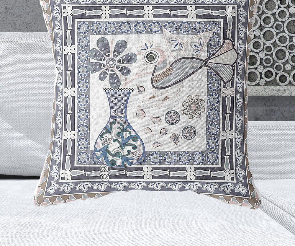 Homeroots 28" X 28" Beige Peacock Blown Seam Floral Indoor Outdoor Throw Pillow   481658