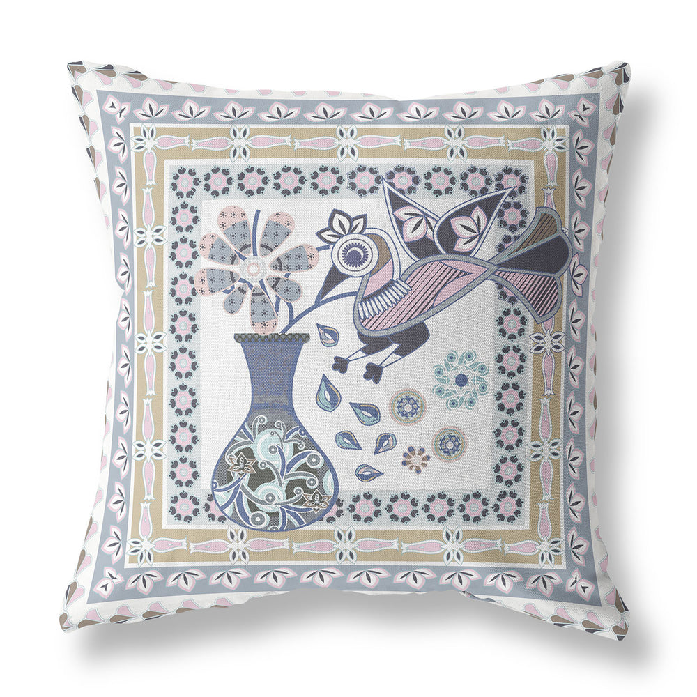 Homeroots 26" X 26" Beige And White Peacock Blown Seam Floral Indoor Outdoor Throw Pillow   481662