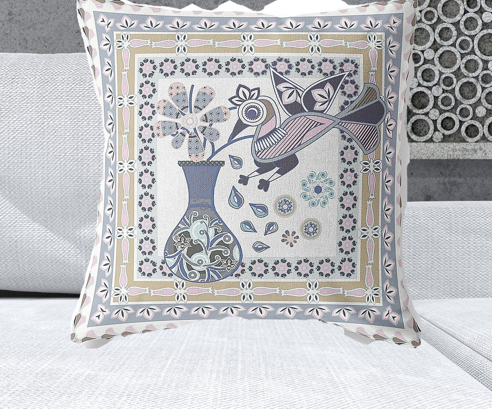 Homeroots 26" X 26" Beige And White Peacock Blown Seam Floral Indoor Outdoor Throw Pillow   481662