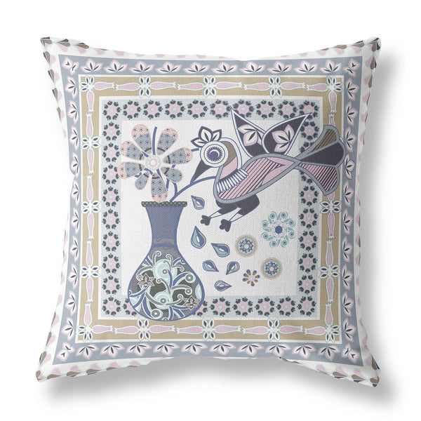 Homeroots 28" X 28" Beige And White Peacock Blown Seam Floral Indoor Outdoor Throw Pillow   481663