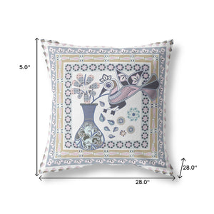 Homeroots 28" X 28" Beige And White Peacock Blown Seam Floral Indoor Outdoor Throw Pillow   481663