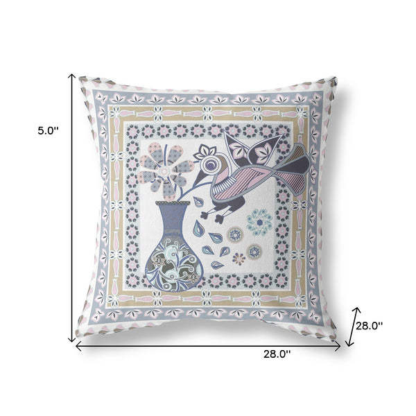 Homeroots 28" X 28" Beige And White Peacock Blown Seam Floral Indoor Outdoor Throw Pillow   481663
