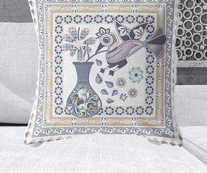 Homeroots 28" X 28" Beige And White Peacock Blown Seam Floral Indoor Outdoor Throw Pillow   481663