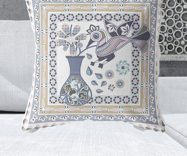 Homeroots 28" X 28" Beige And White Peacock Blown Seam Floral Indoor Outdoor Throw Pillow   481663