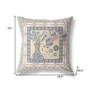 Homeroots 26" X 26" Green Peacock Blown Seam Floral Indoor Outdoor Throw Pillow   481667