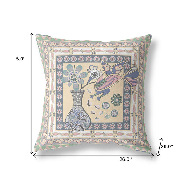 Homeroots 26" X 26" Green Peacock Blown Seam Floral Indoor Outdoor Throw Pillow   481667