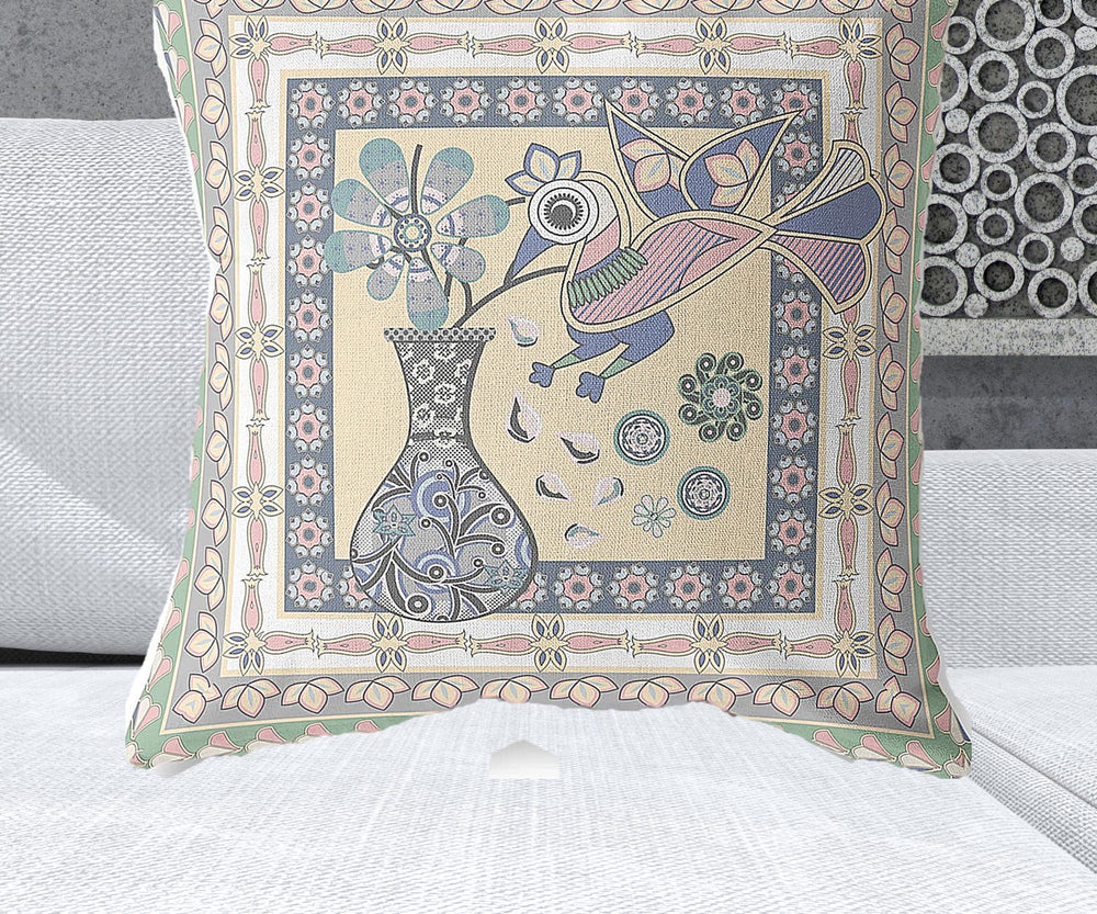 Homeroots 28" X 28" Green Peacock Blown Seam Floral Indoor Outdoor Throw Pillow   481668