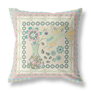Homeroots 28" X 28" Blue And Beige Peacock Blown Seam Floral Indoor Outdoor Throw Pillow   481673