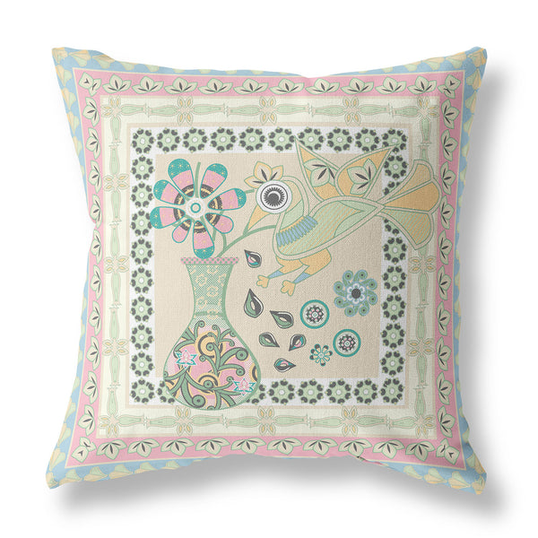 Homeroots 28" X 28" Blue And Beige Peacock Blown Seam Floral Indoor Outdoor Throw Pillow   481673