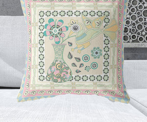 Homeroots 28" X 28" Blue And Beige Peacock Blown Seam Floral Indoor Outdoor Throw Pillow   481673