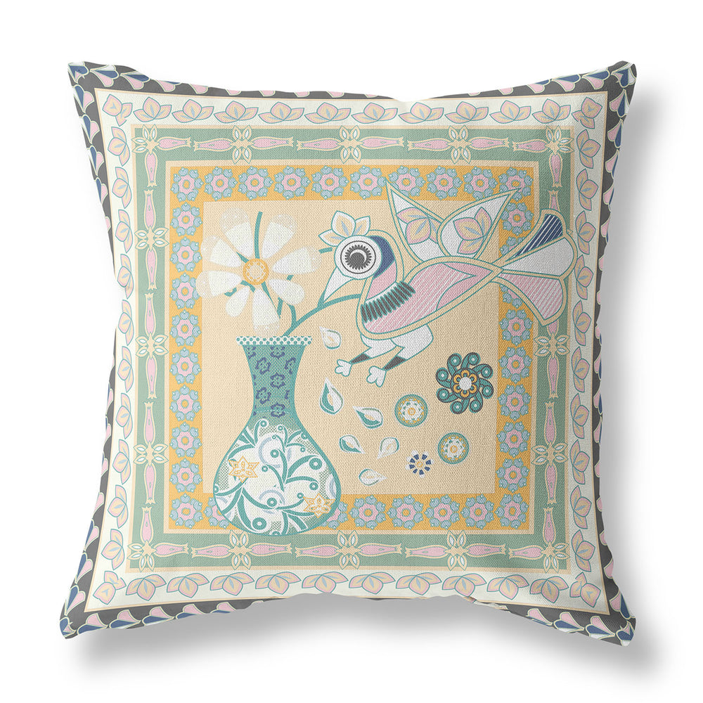 Homeroots 26" X 26" Beige And Black Peacock Blown Seam Floral Indoor Outdoor Throw Pillow   481677