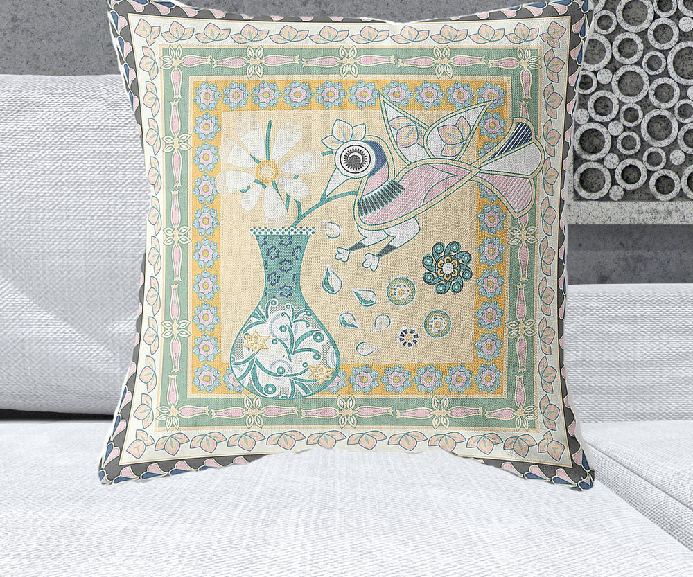 Homeroots 26" X 26" Beige And Black Peacock Blown Seam Floral Indoor Outdoor Throw Pillow   481677
