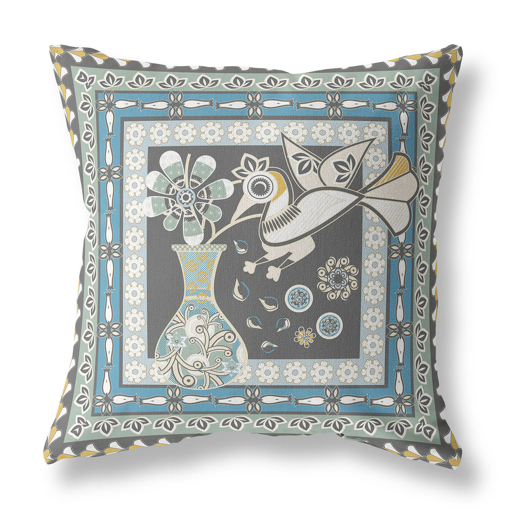 Homeroots 26" X 26" Black And White Peacock Blown Seam Floral Indoor Outdoor Throw Pillow   481682