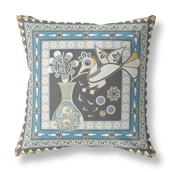 Homeroots 26" X 26" Black And White Peacock Blown Seam Floral Indoor Outdoor Throw Pillow   481682