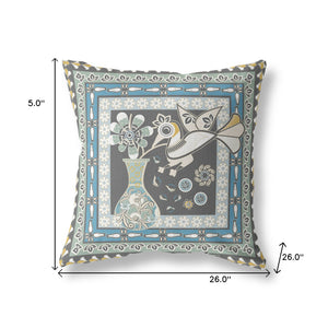 Homeroots 26" X 26" Black And White Peacock Blown Seam Floral Indoor Outdoor Throw Pillow   481682