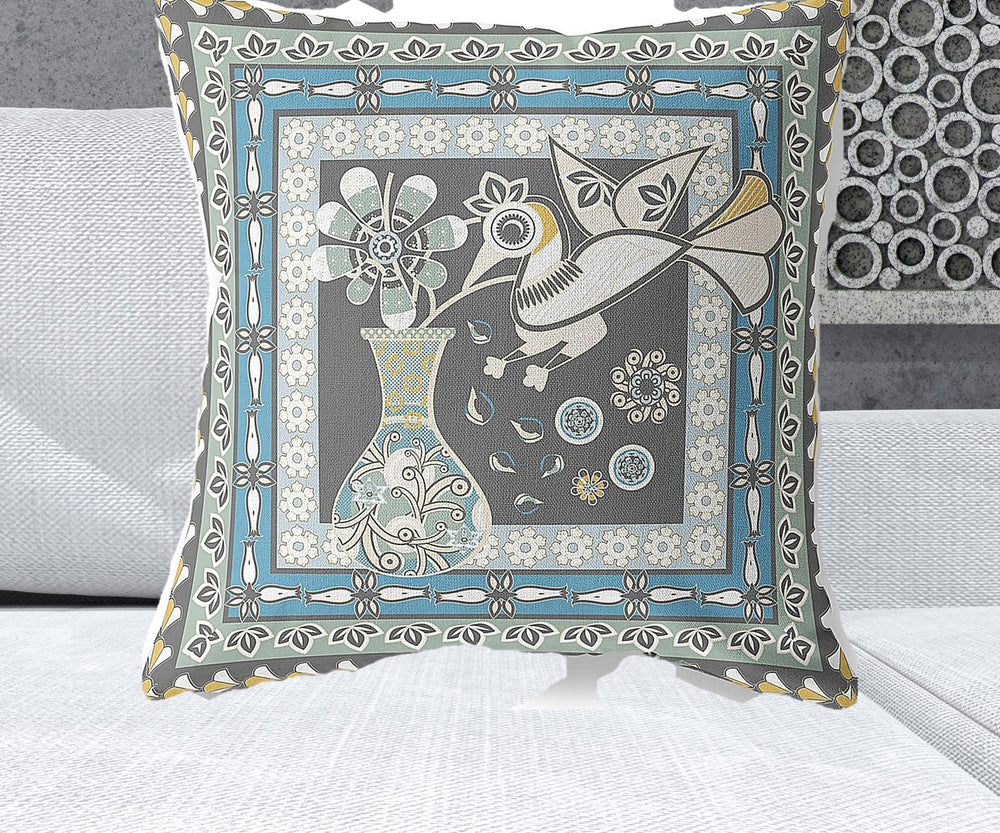 Homeroots 26" X 26" Black And White Peacock Blown Seam Floral Indoor Outdoor Throw Pillow   481682