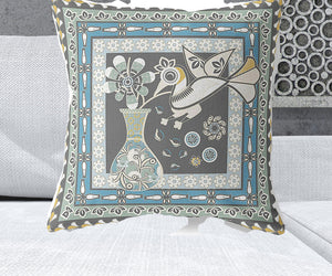 Homeroots 26" X 26" Black And White Peacock Blown Seam Floral Indoor Outdoor Throw Pillow   481682