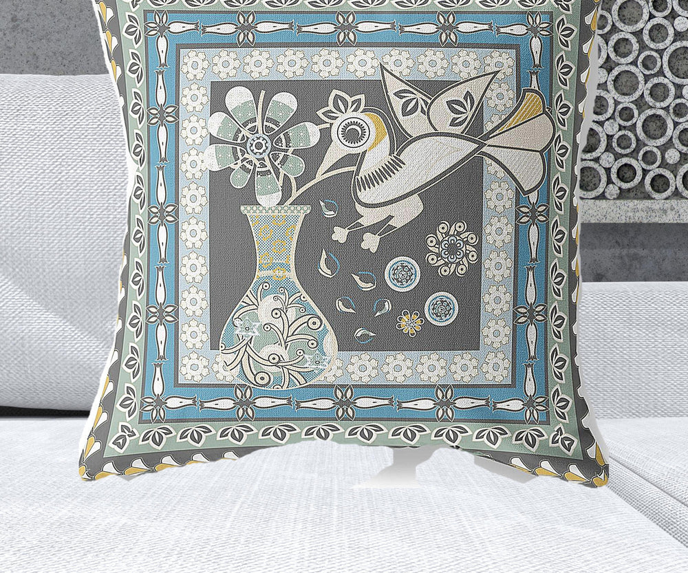 Homeroots 28" X 28" Black And White Peacock Blown Seam Floral Indoor Outdoor Throw Pillow   481683