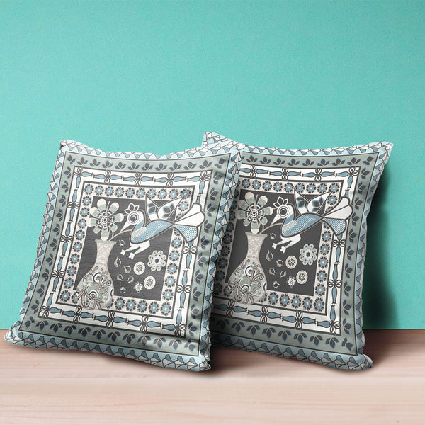 Homeroots 26" X 26" Black And Blue Peacock Blown Seam Floral Indoor Outdoor Throw Pillow   481687