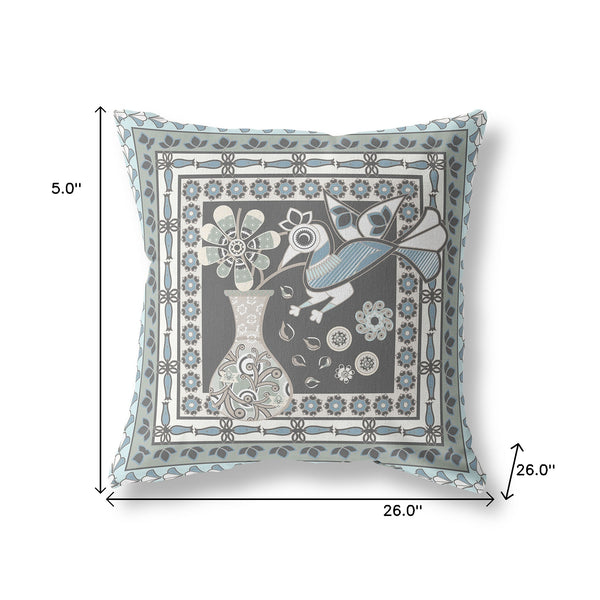 Homeroots 26" X 26" Black And Blue Peacock Blown Seam Floral Indoor Outdoor Throw Pillow   481687