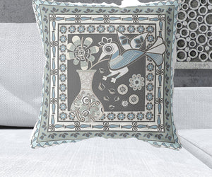 Homeroots 26" X 26" Black And Blue Peacock Blown Seam Floral Indoor Outdoor Throw Pillow   481687