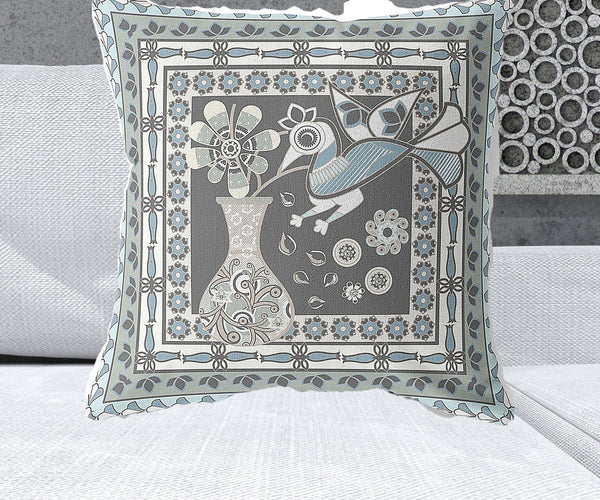 Homeroots 26" X 26" Black And Blue Peacock Blown Seam Floral Indoor Outdoor Throw Pillow   481687