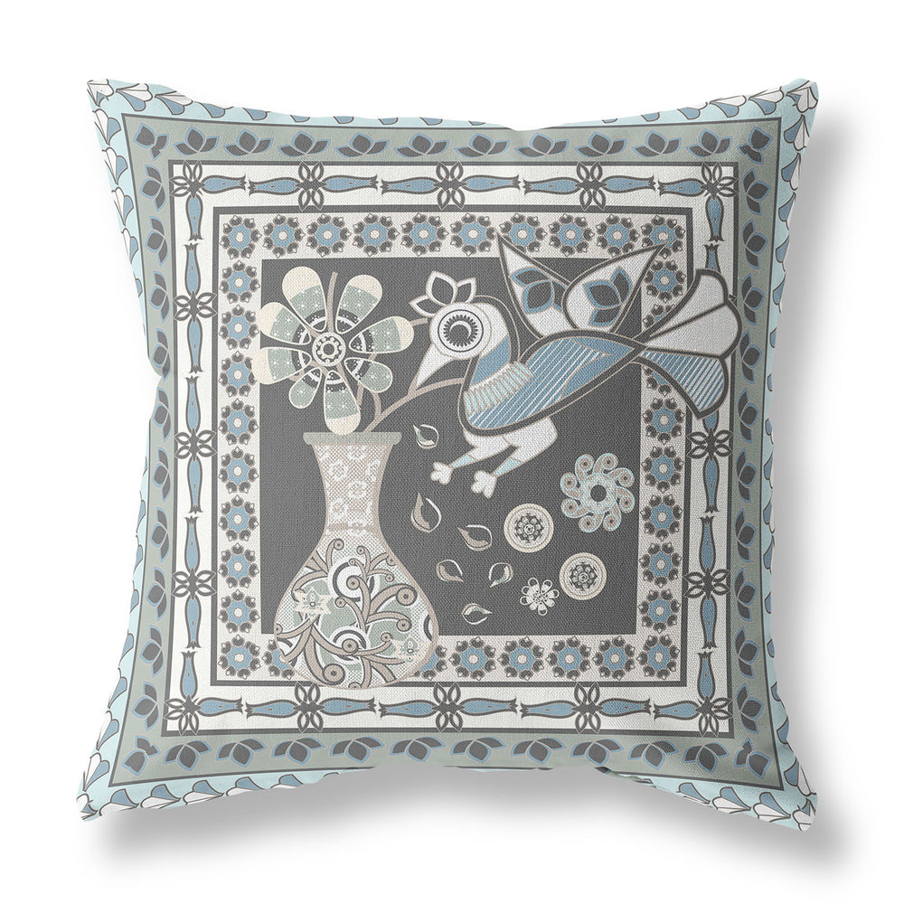 Homeroots 28" X 28" Black And Blue Peacock Blown Seam Floral Indoor Outdoor Throw Pillow   481688