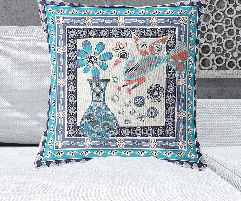 Homeroots 26" X 26" Blue And Off White Peacock Blown Seam Floral Indoor Outdoor Throw Pillow   481692
