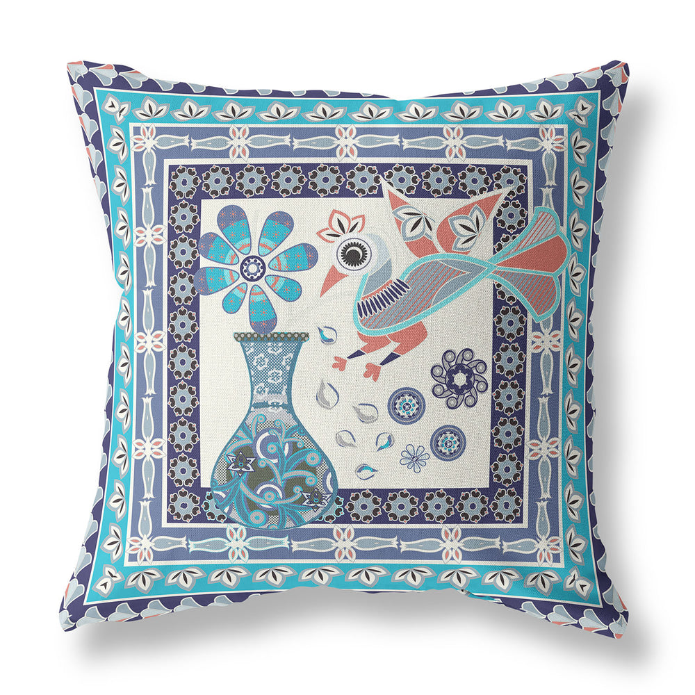 Homeroots 28" X 28" Blue And Off White Peacock Blown Seam Floral Indoor Outdoor Throw Pillow   481693