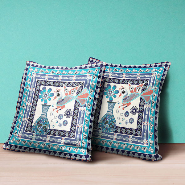 Homeroots 28" X 28" Blue And Off White Peacock Blown Seam Floral Indoor Outdoor Throw Pillow   481693