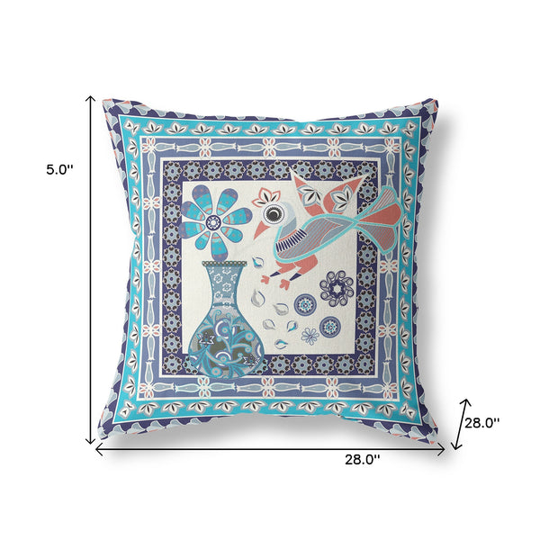 Homeroots 28" X 28" Blue And Off White Peacock Blown Seam Floral Indoor Outdoor Throw Pillow   481693