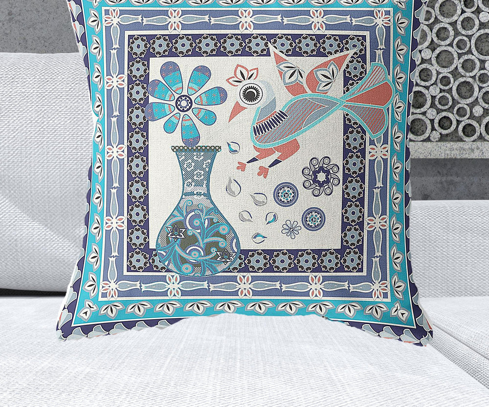 Homeroots 28" X 28" Blue And Off White Peacock Blown Seam Floral Indoor Outdoor Throw Pillow   481693